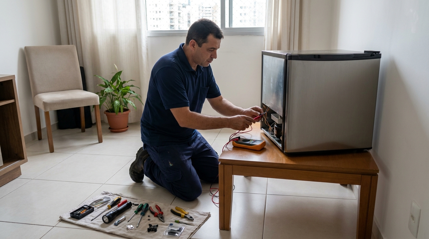 Técnico fazendo manutenção do motor de frigobar em Fortaleza‑CE