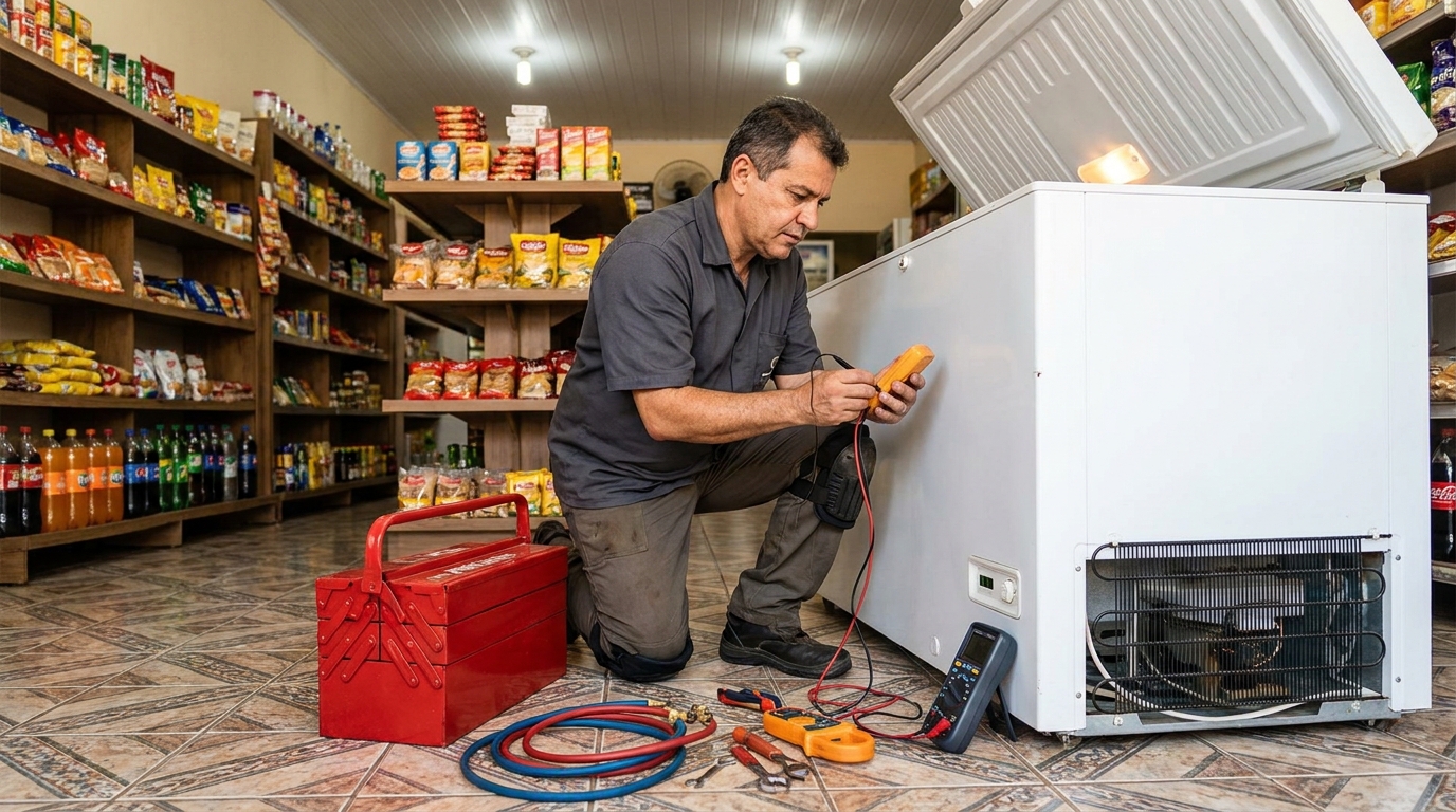 Recarga de gás refrigerante no freezer durante atendimento em Fortaleza‑CE